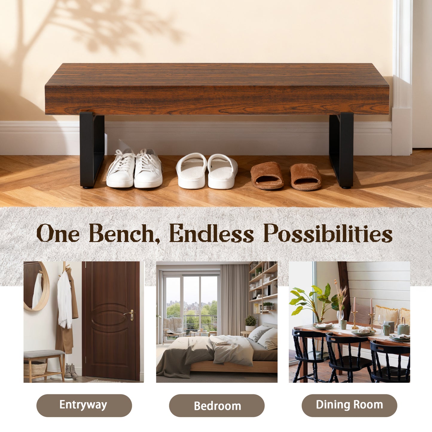59  Wood Bench For Bedroom End Of Bed, Farmhouse Indoor Kitchen Table Benches,Versatile Modern Shoe Bench For Entryway, Espresso
