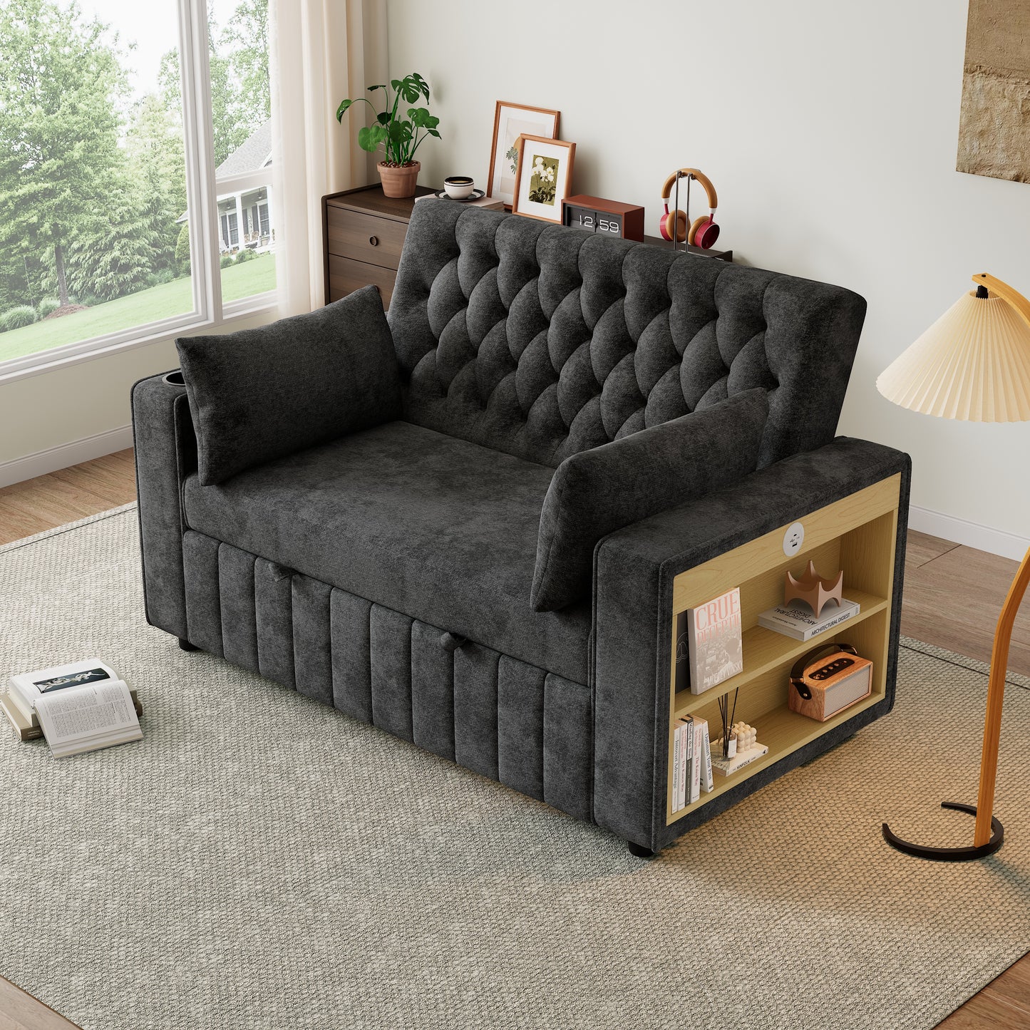 Multifunctional Sofa Bed, Modern Folding Sofa With Storage And Sleeping Function, Cup Holder, USB Charging Port And Pillows, Space-Saving Couch For Living Room, Bedroom And Guest Room, Gray