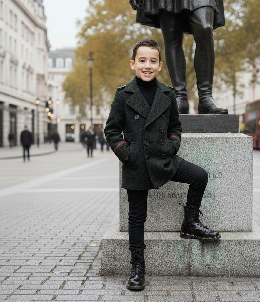 Boys Black Smart Casual Cashmere Coat Green Military Style Woolen Jacket  3-9Y