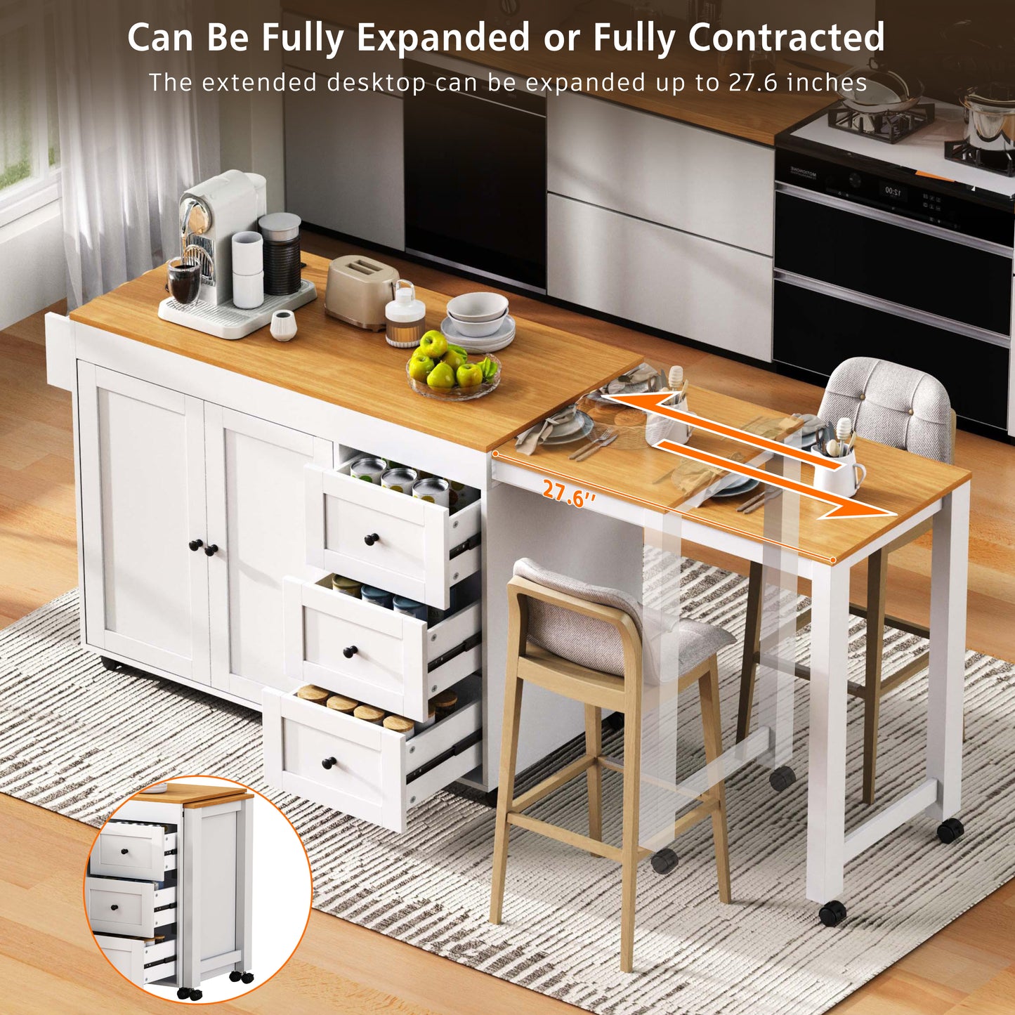 K&K 74.8   Kitchen Island With Extendable Dining Table, Kitchen Storage Cart With 3 Drawers, Power Outlet, Rolling Kitchen Island On Wheels With Spice Rack And 2 Door Cabinet, For Kitchen, White