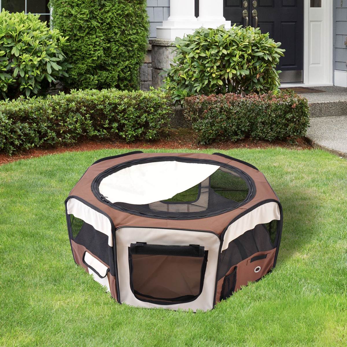 PawHut Portable Cat Dog Playpen Pet Puppy Rabbit Guinea Pig Pen Run Dia 90 X 41H Cm Indoor & Outdoor Brown