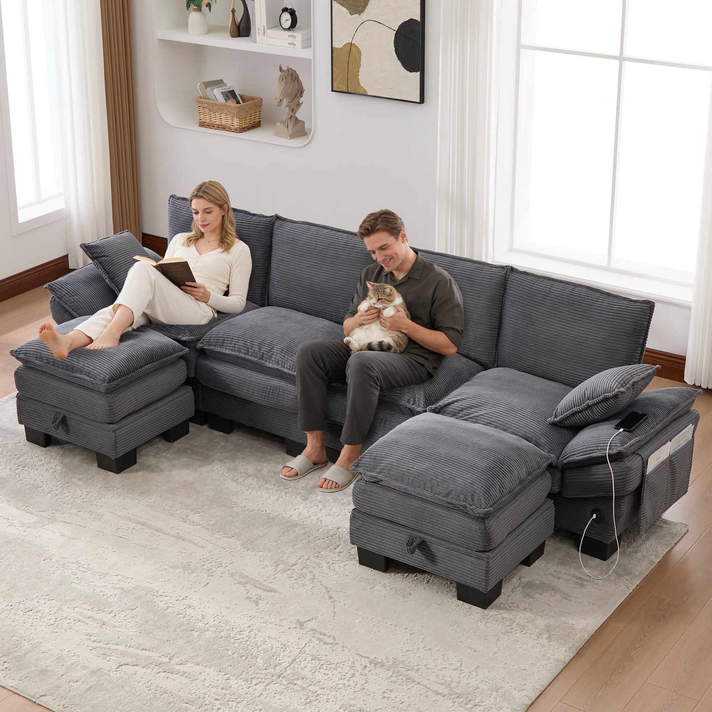 Modular 4-seater Corduroy Sofa  With 2 Stools Wide Seat, Ergonomic Design, High-density Foam Padding, USB-C Port And Side Pockets.Ideal For Living Room, Office Or Lounge.DarkGray