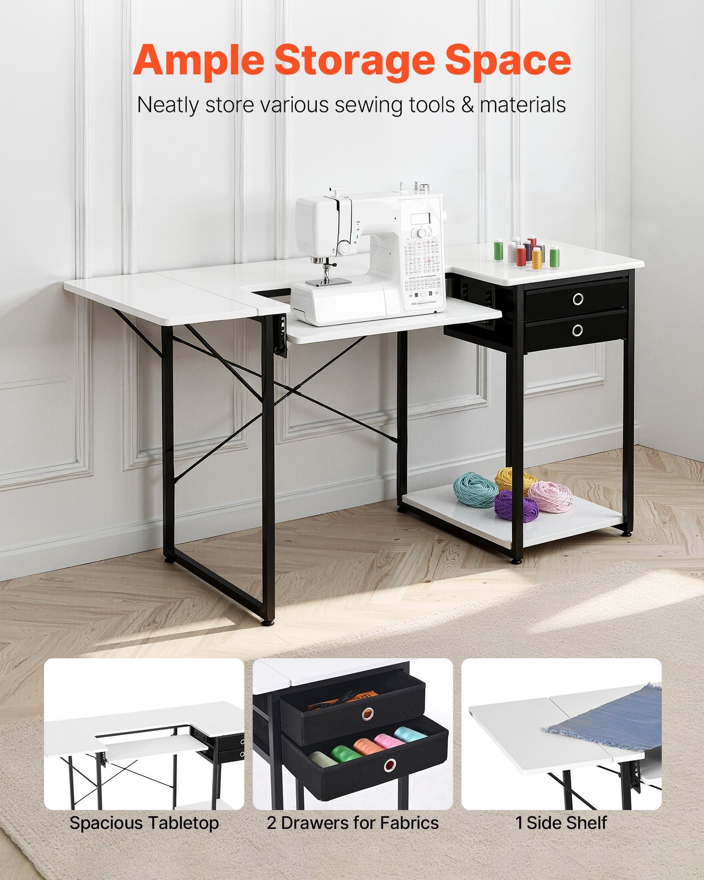 Sewing Table, Multipurpose Sewing Machine Table With Drawers, Foldable Side Shelf, Adjustable Shelf, Steel Legs, Computer Desk For Home, Fashion Studio, Art Studio, Educational Institution