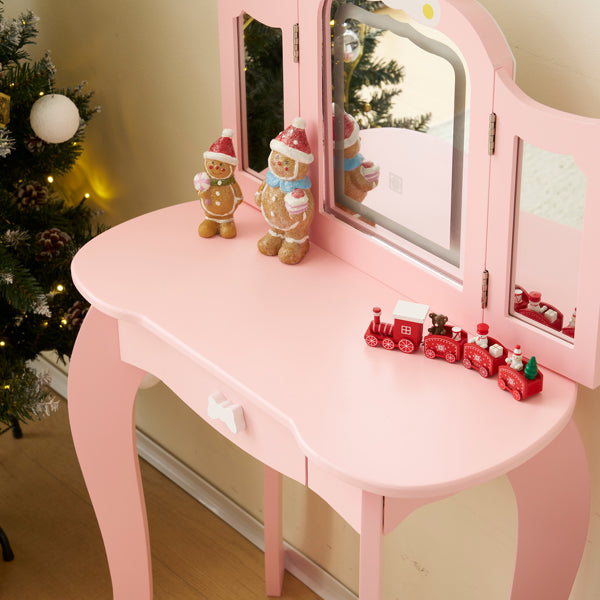 Kids Vanity Table And Chair Set, 2-in-1 Girls Vanity With Tri-Folding Mirror & 3-Color LED Lights, 1 Drawer, Pretend Play Makeup Dressing Princess Table For Toddlers, Pink