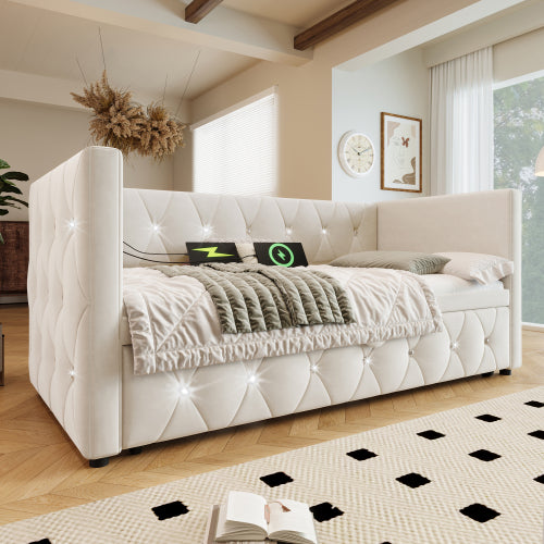 Daybed Single Upholstered Bed Sofa Bed With USB &Type C Charging Station, 3FT Single Bed 90 X 190 Cm With Trundle ,Pull Out Trundle For Living Room And Bedroom, Velvet
