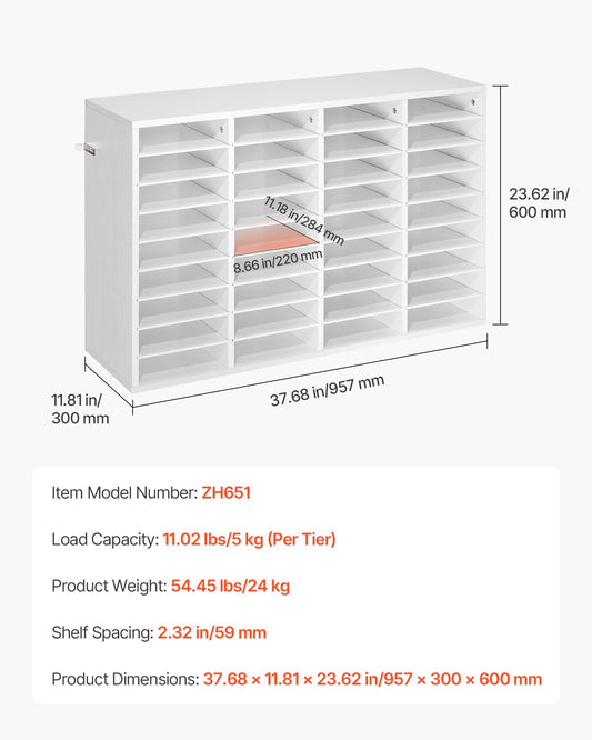 Literature Organizer, 36 Compartments Office Mailbox With Detachable Shelves, Wooden Mailbox Sorter With Particle Board, Countertop Office Home Storage Organizer For File, Document, Paper, White