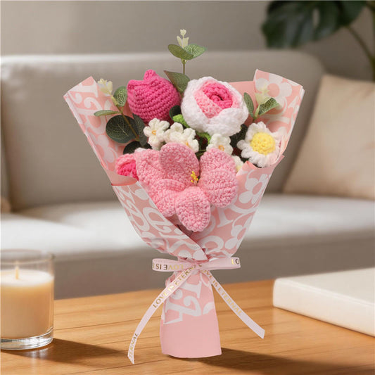 Handmade Crochet Yarn Flower Bouquet, Everlasting Crochet Tulip Rose Daisy Arrangement, Artificial Eternal Floral Gift For Home Decor, Mother's Day, Birthday Presents