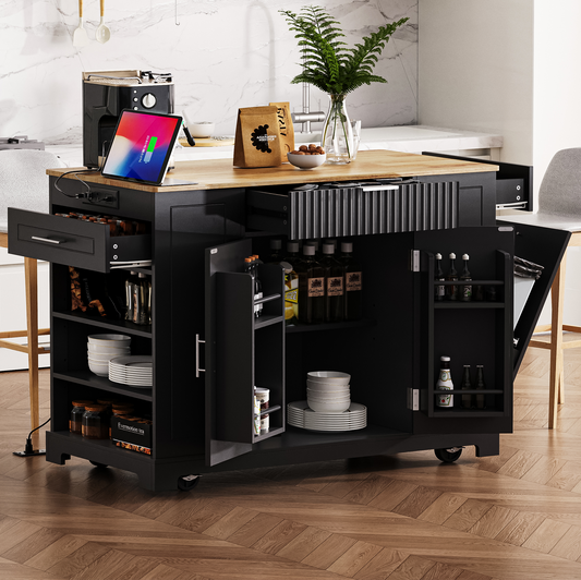 K&K Fluted Kitchen Island With Trash Can Storage Cabinet, Power Outlet, Internal Storage Rack, Rolling Kitchen Islands On 5 Wheels With 3 Drawer, 3 Open Side Racks For 10 Gallon Garbage Bin, Black