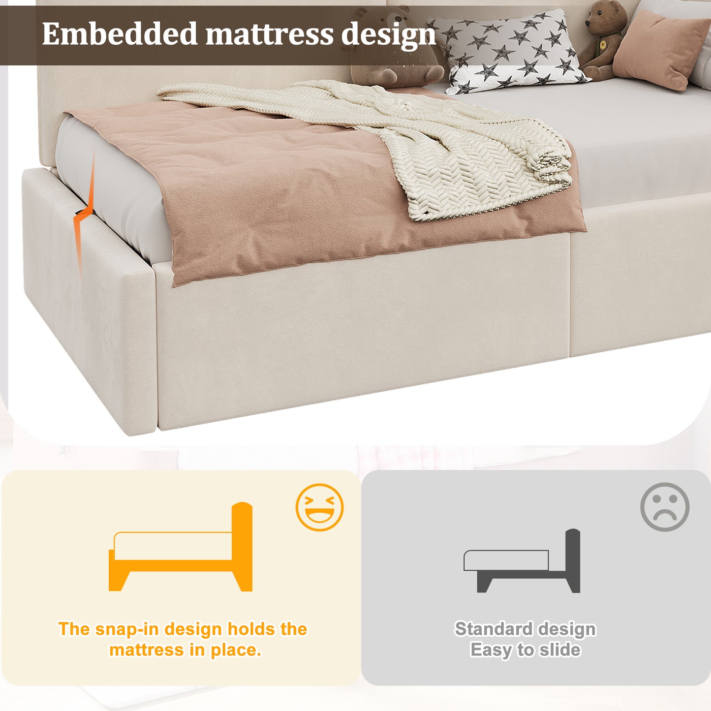 Daybed,  3FT Single Bed 90x190cm, L-shaped Upholstered With Storage, Sofa Bed, Hydraulic Bed With USB Charging Port And Reading Lamp, Velvet, Beige