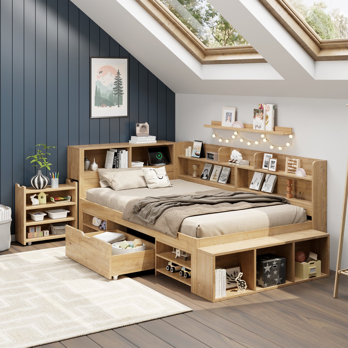 Children's Bed, Storage Bed, 90 X 200 Cm, Single Bed, Multifunctional Children's Bed With Bedside Tables, Shelves And Storage Cupboards, With Wireless Charging, Without Mattress, Natural