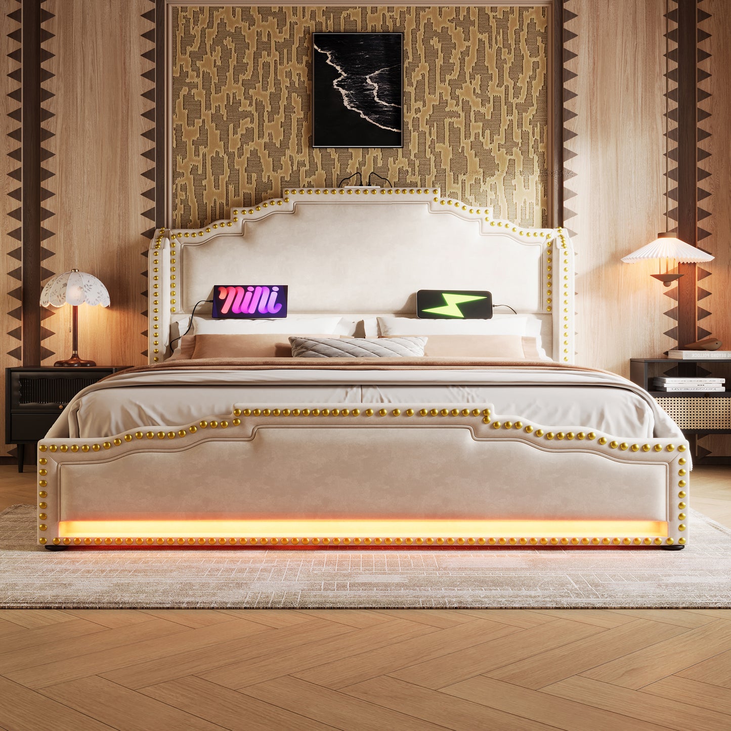 Upholstered Bed 160x200, Double Bed With 4 Drawers, LED Lighting And USB-C Charging Port, Storage Bed And Youth Bed With Slatted Base, Velvet, Beige, Without Mattress