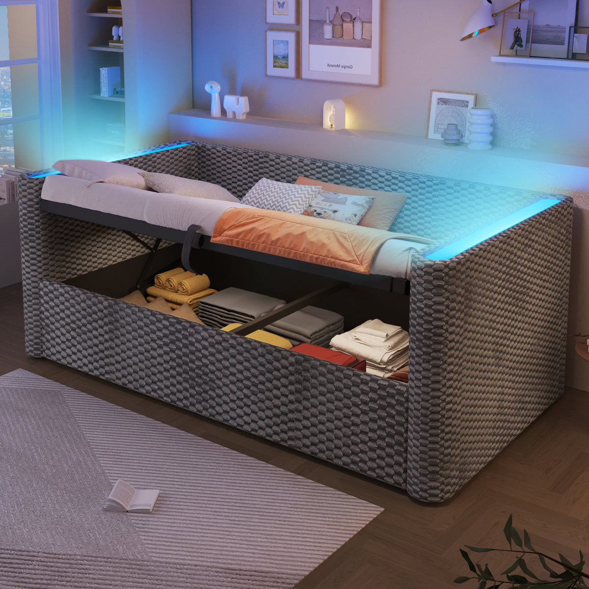 Daybed, Daybed, Sofa Bed, 90 X 200 Cm, With LED Lighting, With Hydraulic Storage Mechanism, Slatted Base Without Mattress, Velvet, Grey