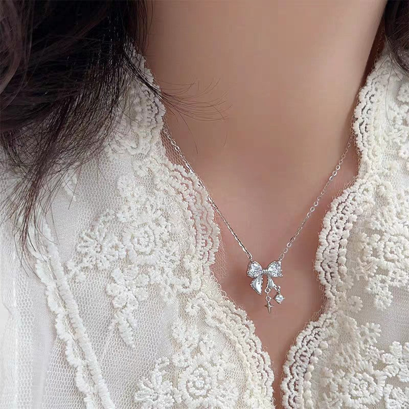 1pc 999 Sterling Silver Diamond-Encrusted Heart Bow Tassel Necklace, Sweet Minimalist Style, Perfect For Daily Wear & Valentine's Gifts