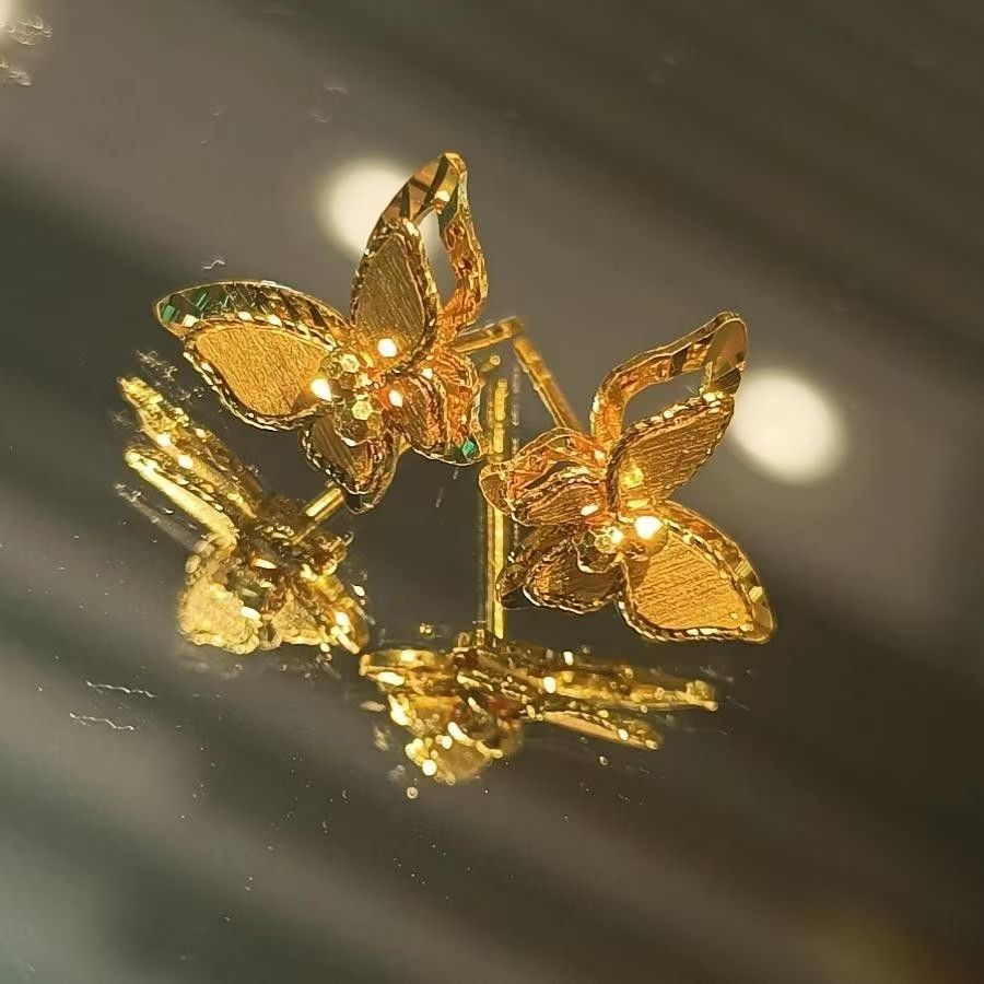 New Chinese Style Mirror Flower Butterfly Dream Sparkling Double Layer Butterfly Stud Earrings, Delicate Compact Gold High-End Temperament Ear Jewelry For Women