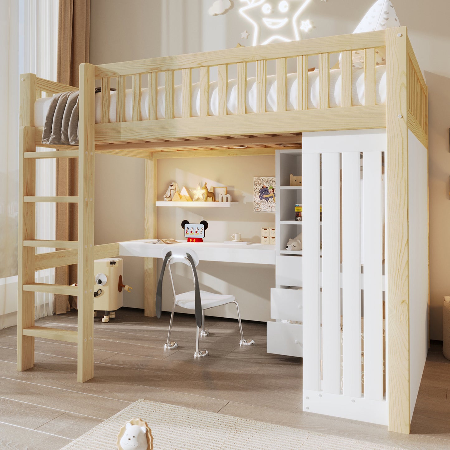 Loft Bed, 140x200cm , Desk, Wardrobe, 3 Drawers, Open Storage Space, Railing, Stairs, Without Mattress, Natural