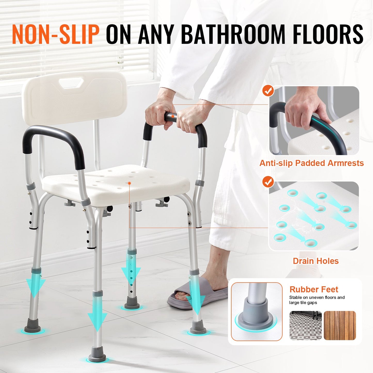 Shower Chair, Shower Seat With Back, Adjustable Height Shower Stool, Shower Chair For Inside Shower Bathtub, Non-slip Bathroom Bench Bath Chair For Elderly Disabled Handicap, 350 LBS Capacity