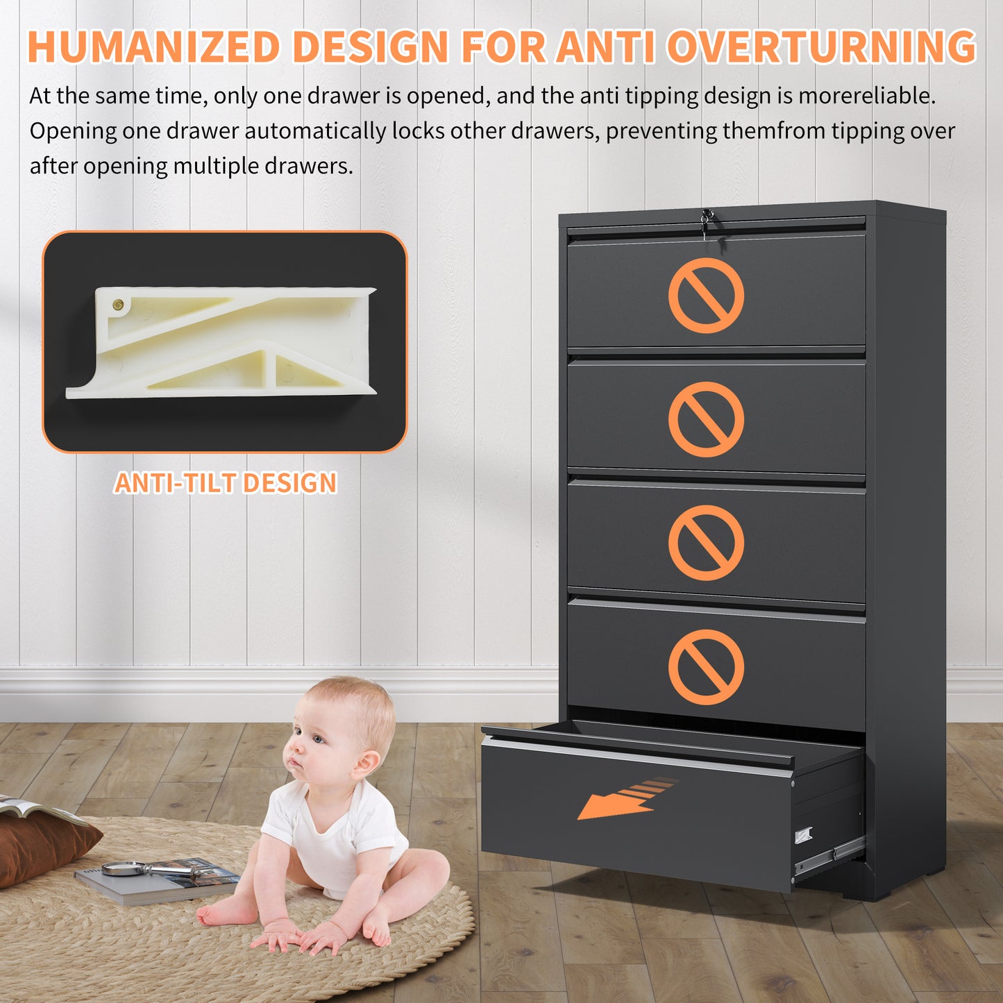 5 Drawer Metal Lateral File Cabinet , Black Filing Cabinet With Lock, Lockable File Cabinet For Home Office, Locking Metal File Cabinet For Legal Letter A4 F4 Size