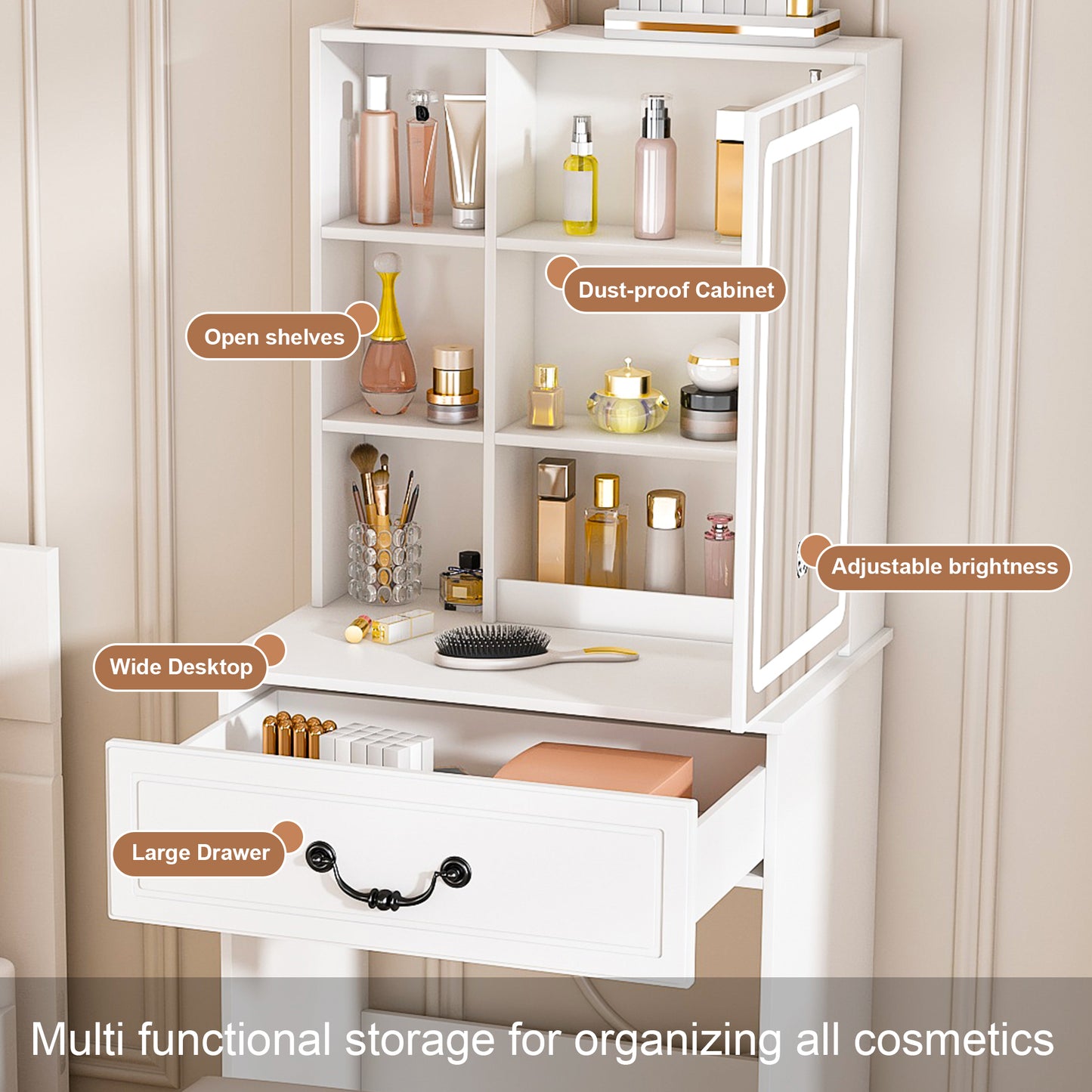 Modern Mini Dressing Table With LED-lit Mirror & Hidden Storage,Includes Padded Stool,Adjustable Brightness Vanity Desk,Multi-tier Dust-proof Shelves,White
