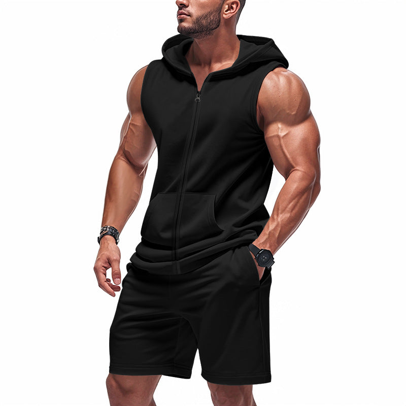 Mens Fitness Zip-Up Loose-Fit Casual Hooded Set