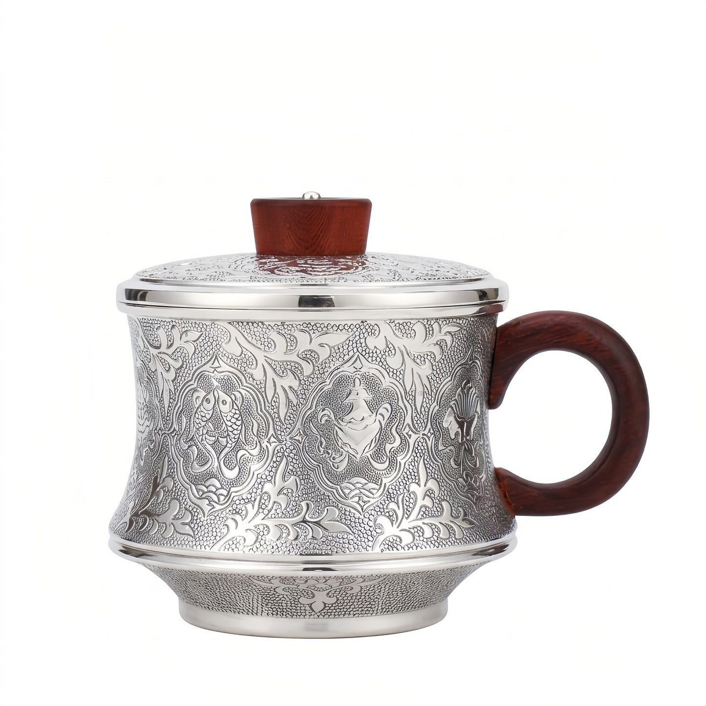 925 Sterling Silver Elegant  Teapot with Intricate Floral Engraving and Wooden Accents-Premium Tea Mug - Handicraft