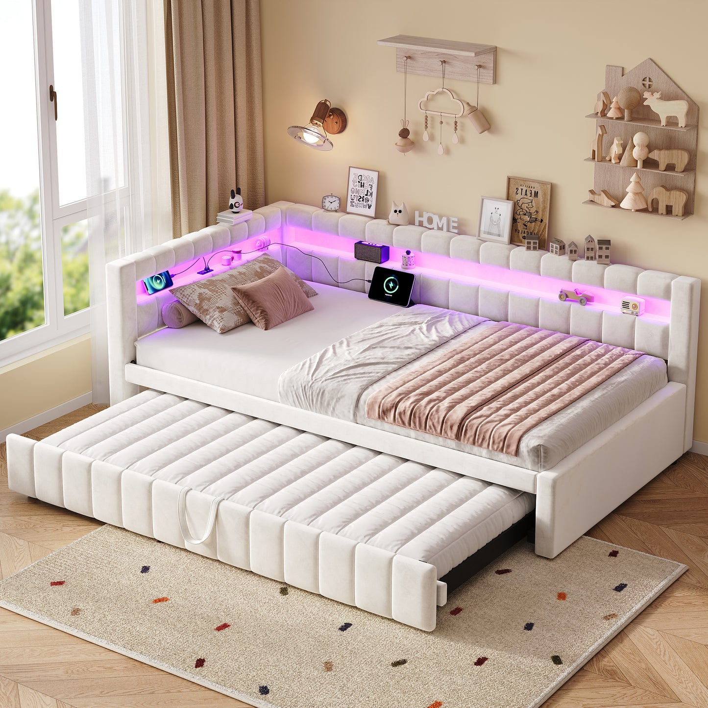 3ft Single Velvet Daybed, Sofa Bed With RGB LED Lights And Charging Station, Upholstered Sofa Bed With Trundle, Pull Out Trundle Bed For Living Room, Bedroom Or Study, Beige  No Mattress