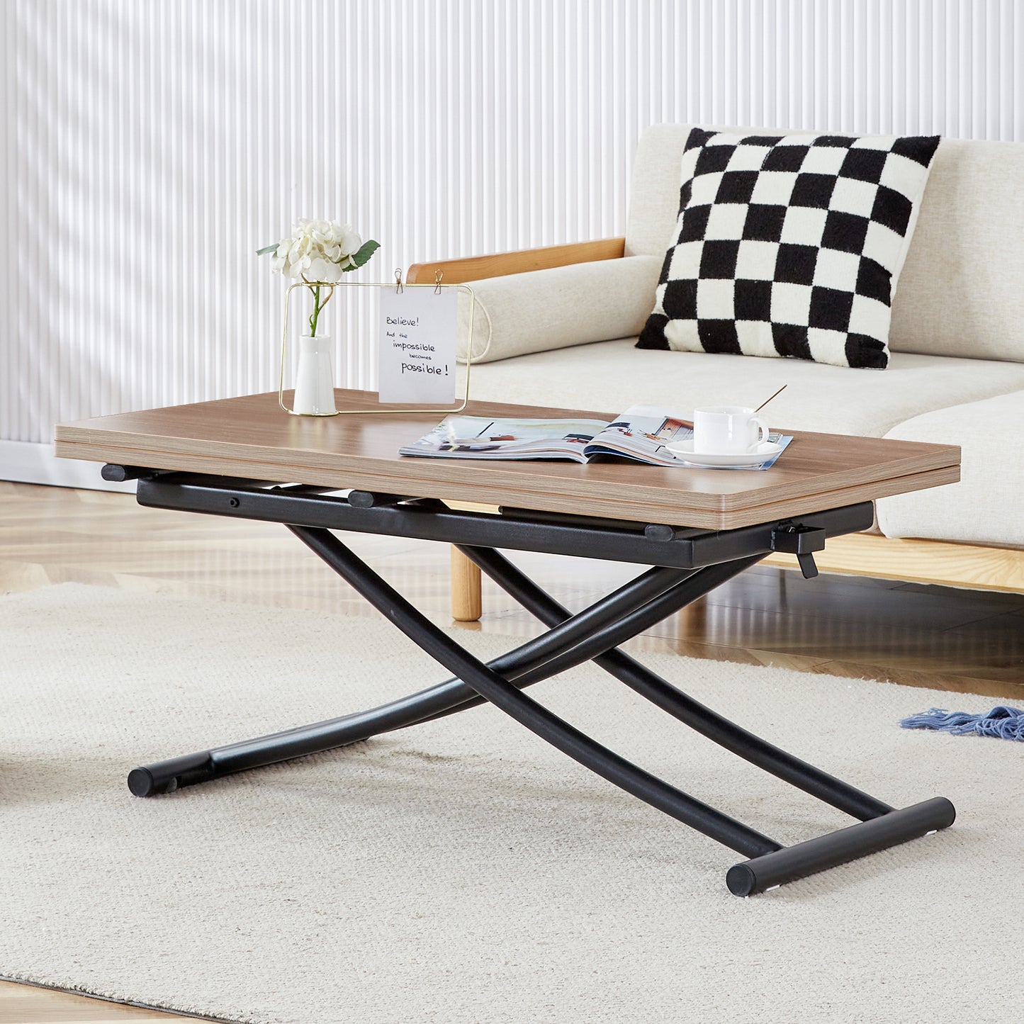 Modern Minimalist Multifunctional Lifting Table, With A 0.8-inch Wood Grain Process Sticker Desktop And Black Metal Legs, Can Be Used As A Dressing Table, Coffee Table, Dining Table, And Office Table