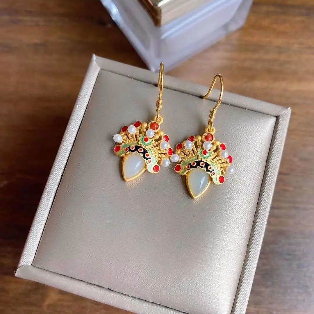Inlaid White Jade Water Drop Classical-shaped Sword Horse Dan Peking Opera Facial Makeup Earrings