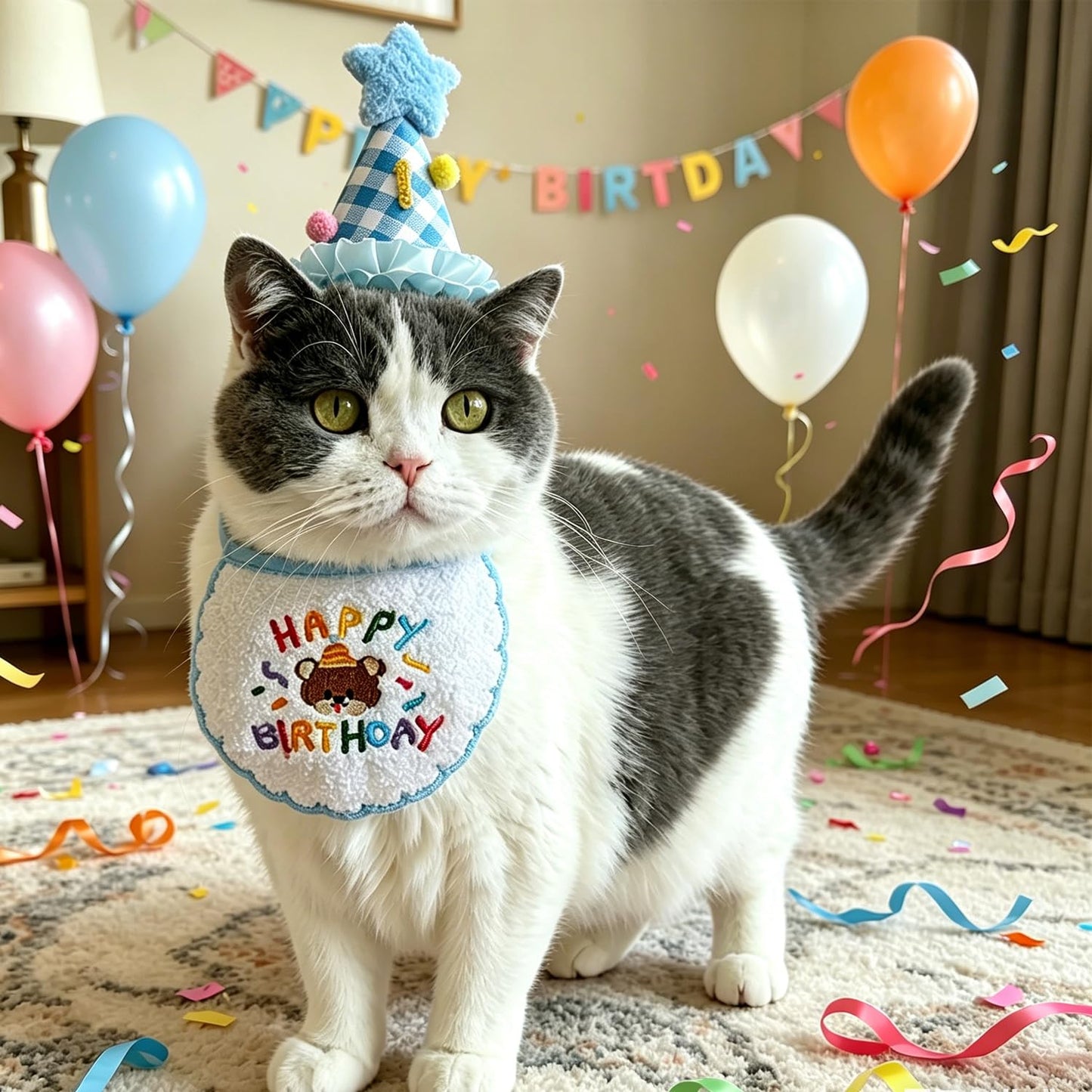 Cat Birthday Party Supplies, Cat Birthday Hat With Number And Star, Embroidered Happy Birthday Bandana For Kitten Cats Small Dogs Decorations, Photo Prop Gift Outfit For Pet Birthday Celebration