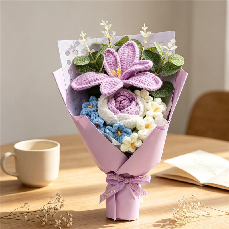Handmade Crochet Knitted Bouquet, Purple Lily & Gradient Rose Everlasting Yarn Flowers, Aesthetic Floral Ornament For Home Decor And Holiday Gifts