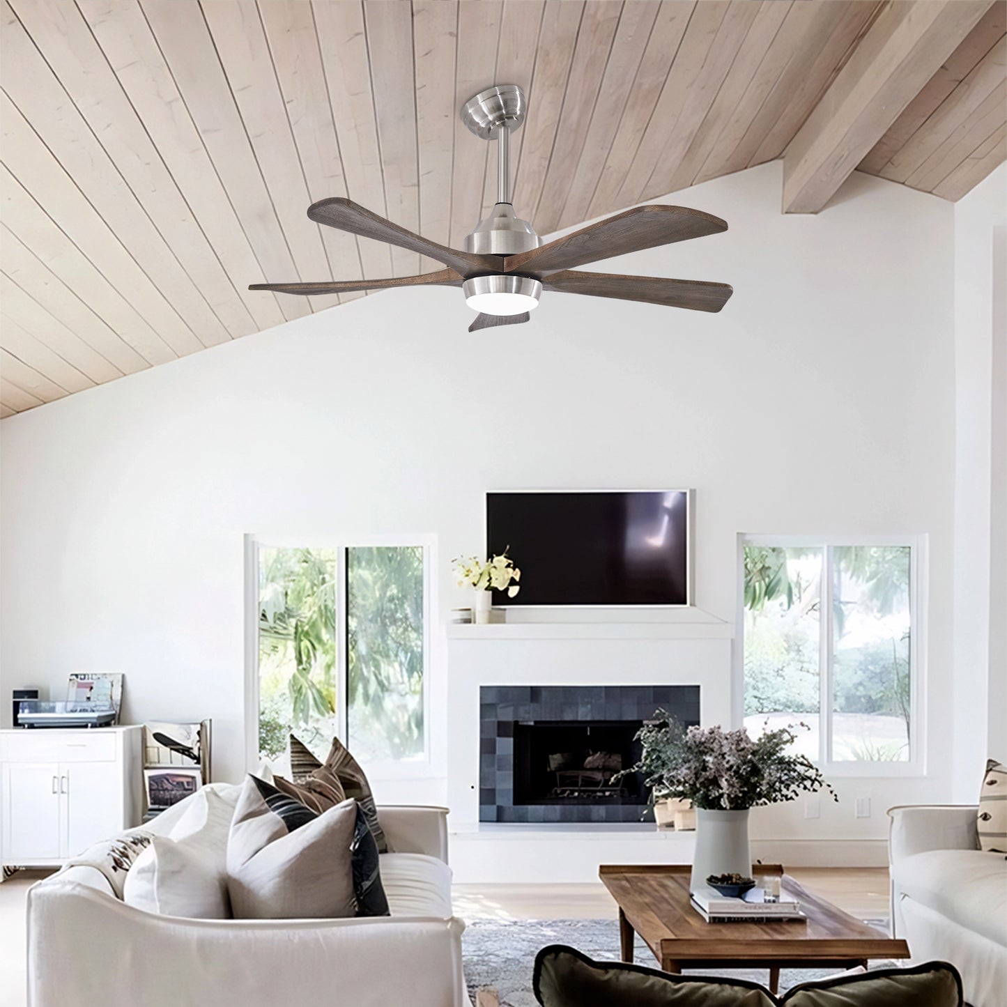 42  5PCS Solid Wood Blades Ceiling Fan With Lights Remote Control,Quiet DC Motor 3 Blade Ceiling Fans 6 Speed Levels,Reversible Ceiling Fan,for Patio Living Room,Bedroom,Office,Indoor. Stain Nickel