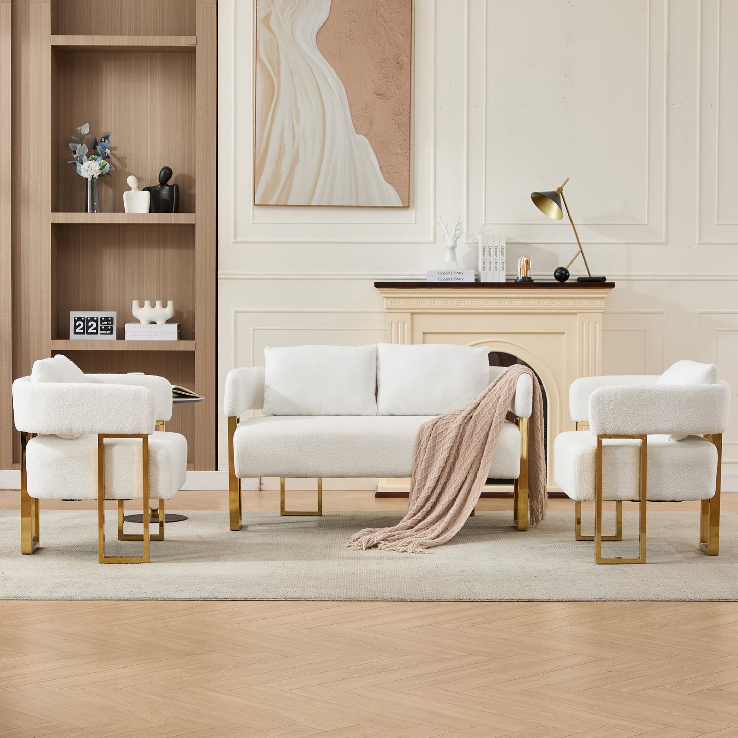 TS Modern Decorative Chair, Living Room Side Chair With Gold Metal Legs, No Wheels, Suitable For Dressing Area, Reception Room, Office,Teddy Fleece Upholstered Metal Foot Sofas  White
