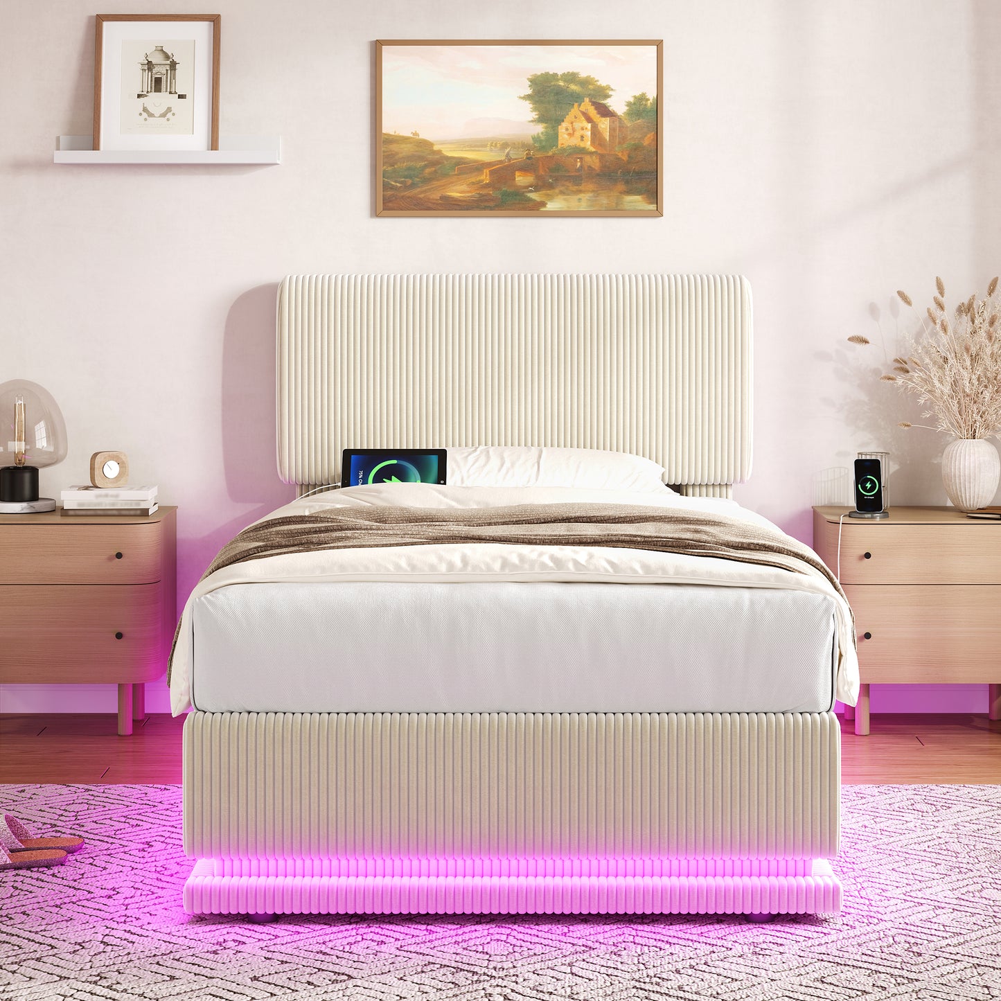 Modern Upholstered Beds With LED Lighting And USB-C Charging Function, Height-adjustable Headboard, Corduroy Fabric, Sturdy Slatted Frame, Large Underbed Storage Space And Comfortable Upholstered Head