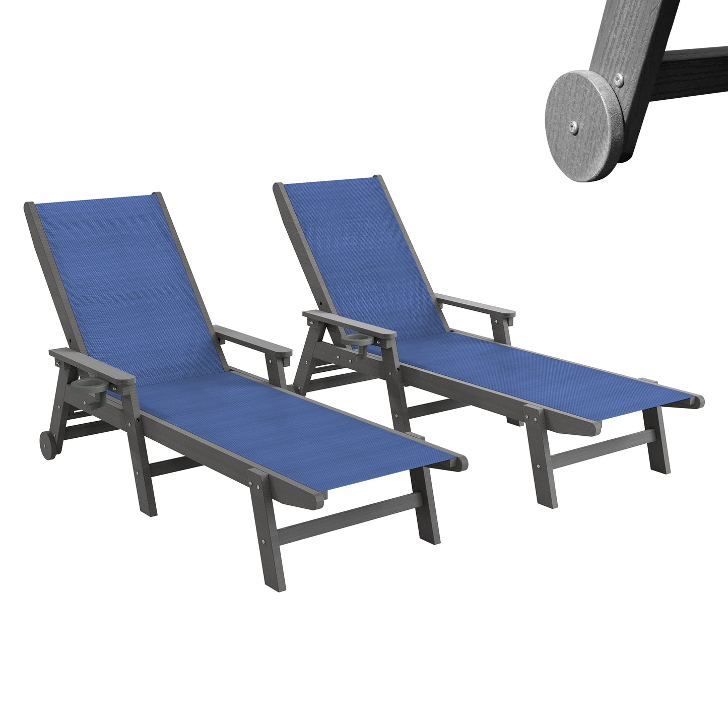 Outdoor Pool Lounge Chairs Set Of 2, HDPE Patio Lounge Chair With Wheels, Chaise Lounge Chair For Pool, Sunbathing Tanning, Lawn, Navy Blue