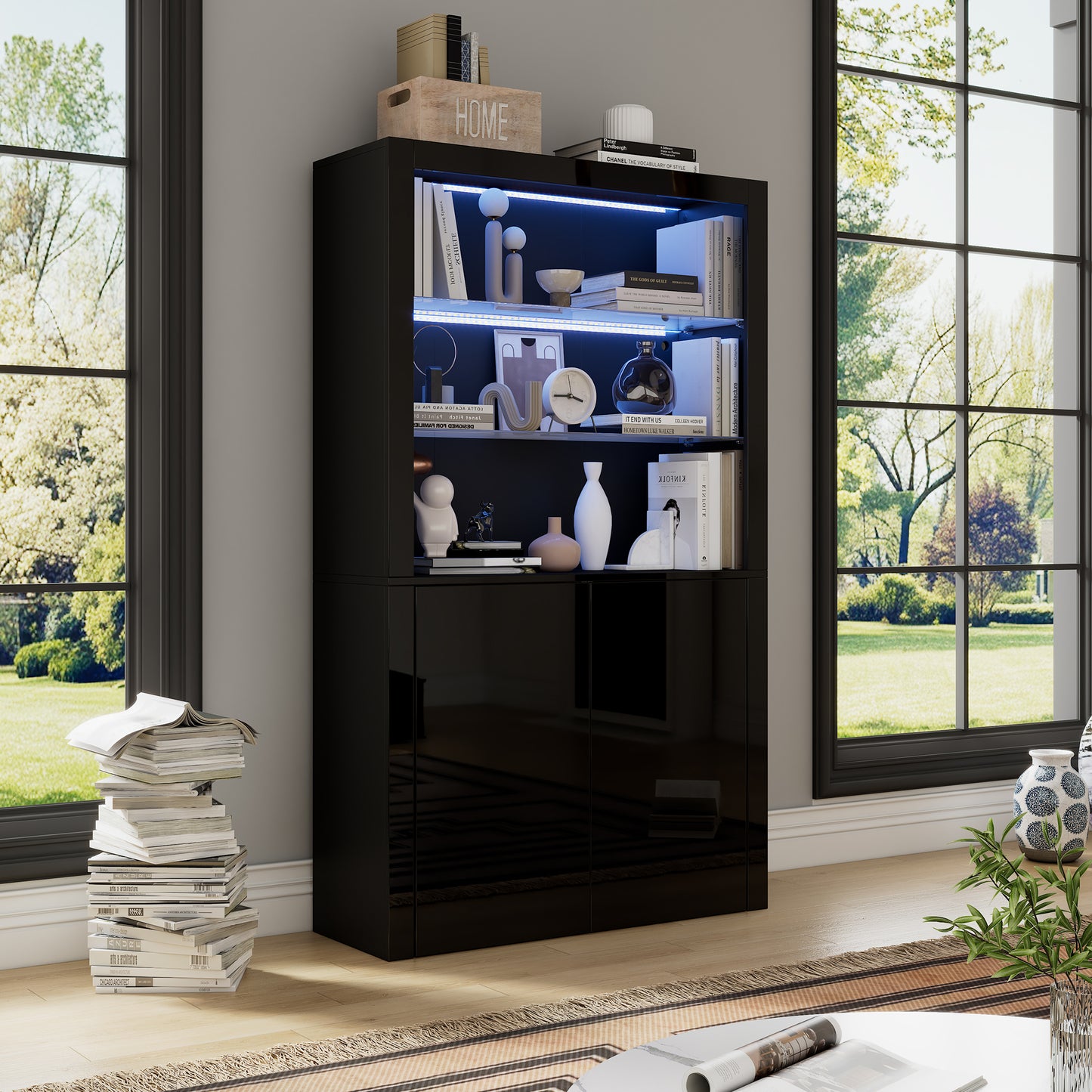 1 00x35x170cm Cabinet,Display Cabinet High Gloss Storage Cabinet With LED Lighting,2Glass Floor,2 Cabinets,Highboard, Living Room Cabinet, Storage Cabinet, Tall Cabinet, Sofa Cabinet,Black