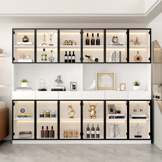 Glass Cabinet Door 200cm Tall White Display Cabinet With LED Lights, Multi Storage Bookcase For Collection Bedroom Living Room Office, White - Black Door Frame