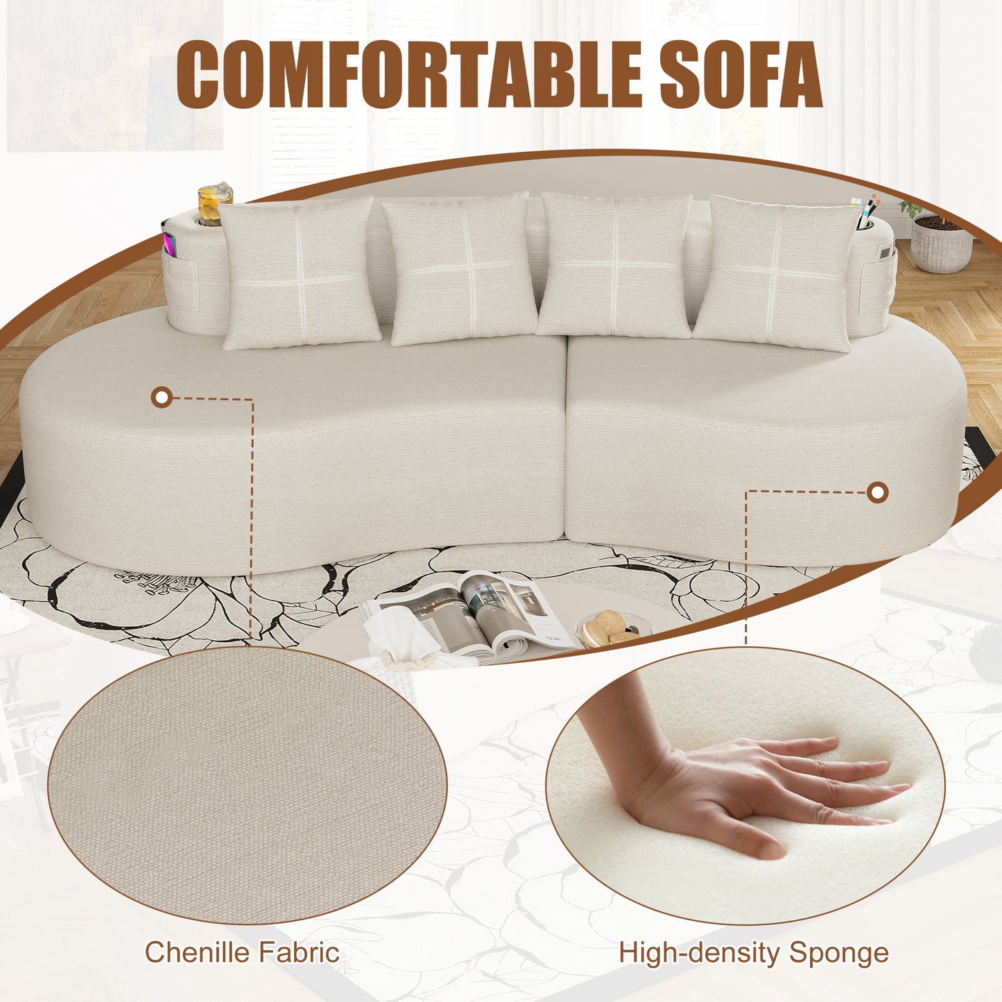 Modern Curved Sectional 3 Seat Minimalist Elegant Half Moon Sofa Compressed Modular Sectional Sofa For Living Room, Office, Apartment