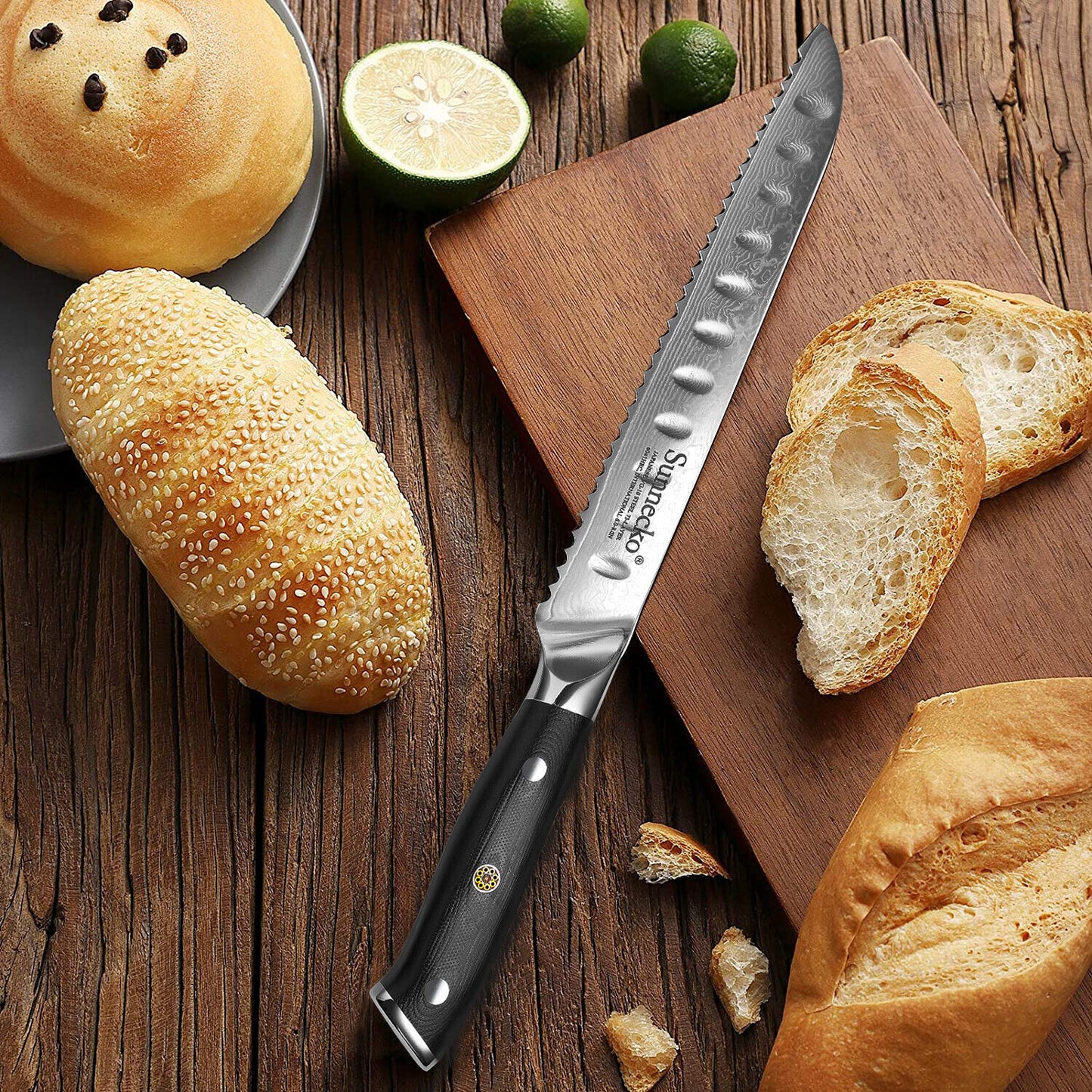 Sunnecko Serrated Bread Knife 8 Inch Damascus Steel Kitchen Sandwich Knife