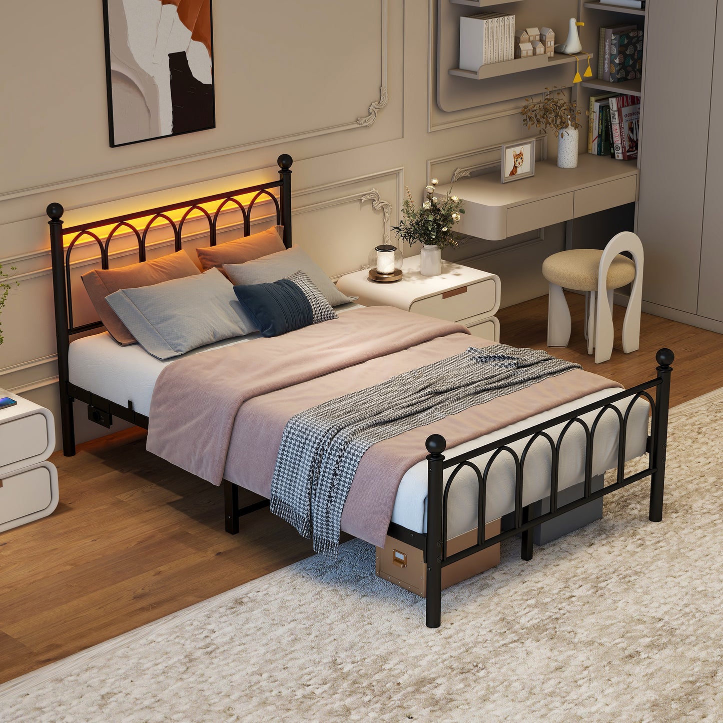 120x200cm Metal Bed Frame With Vintage Head And Footplate, USB Charging Station, LED Bed Frame, Heavy Duty Steel Slat Support, Range Underbed Storage, No Box Spring Required, Black
