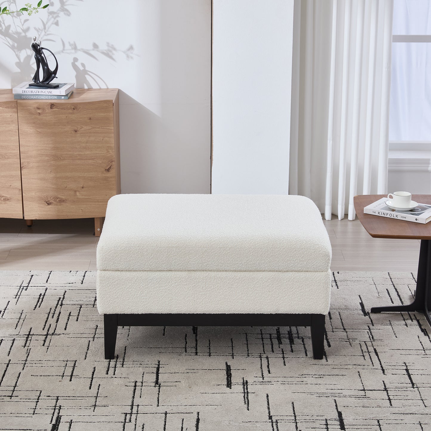 33.86 W Upholstered Wood Base Storage Ottoman With Reversible Lid Coffee Table, Foot Stool Square Footrest With Rubberwood Legs For Living Room Bedroom Entryway And Office, Ivory Boucle.