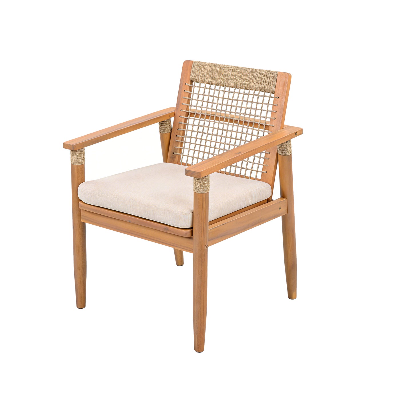 Outdoor Dining Chairs Set Of 2, Acacia Wood Patio Armchair With Multi Brown Rope Design Back And Arms And Beige Washable Cushion,for Backyard, Poolside, Garden,Light Teak