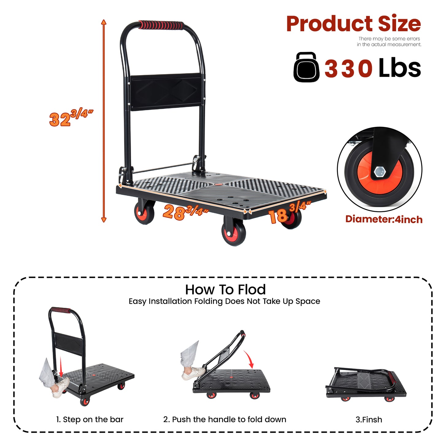 28- 3 4  Long X 18- 3 4  Wide Platform Truck  Foldable Handcart With 4  TPR 360- Degree Silent Wheels  330lbs Heavy- Duty Push Dolly Cart  4 Steel Load- Bearing Beams For Warehouse Garage Home Use
