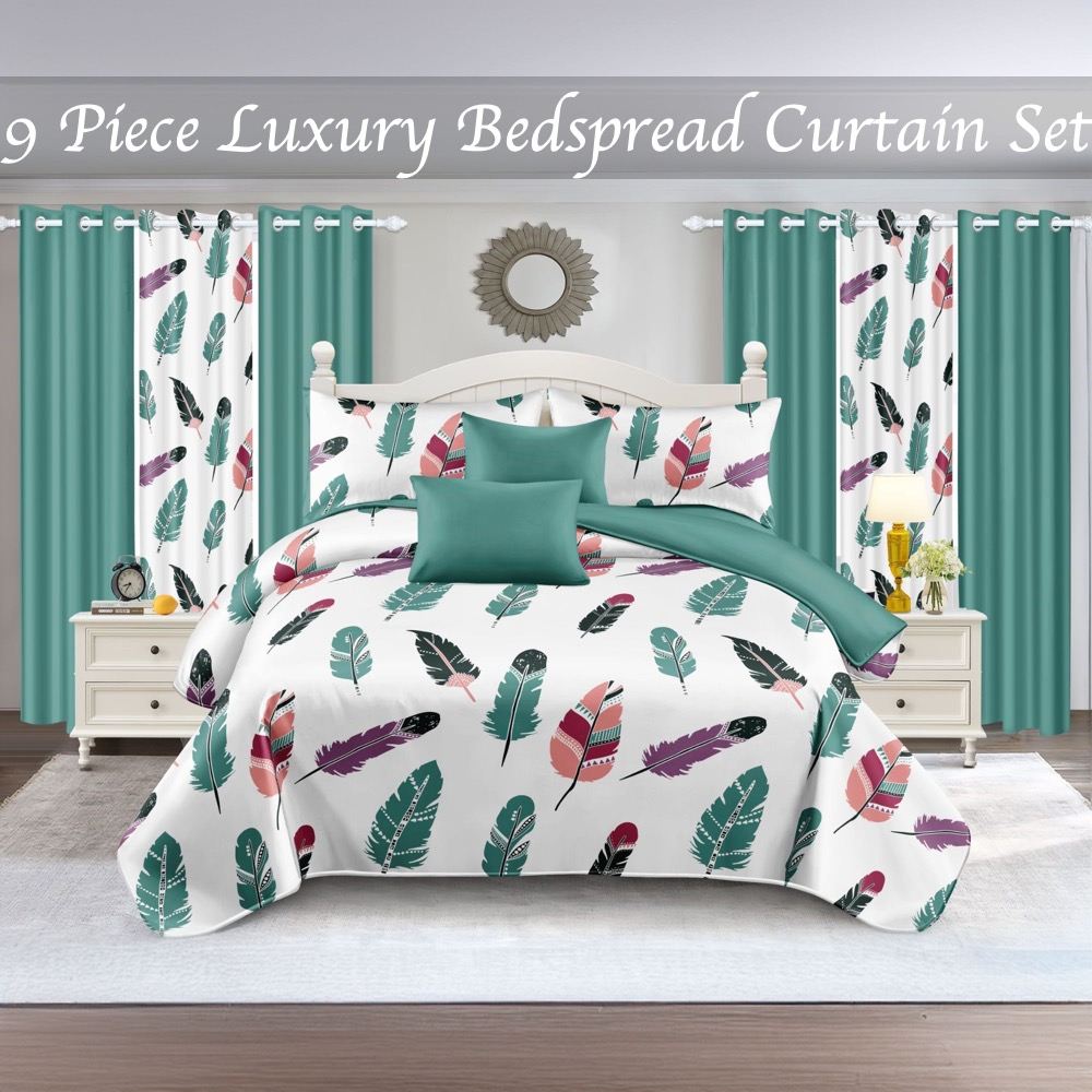 9 Piece Room In A Bag Quilt And Curtain Set, US Designer Boho Feather Print Heavyweight Bedspread With 6 Customizable Window Panels, Pet-Friendly High GSM Coverlet Teal,White