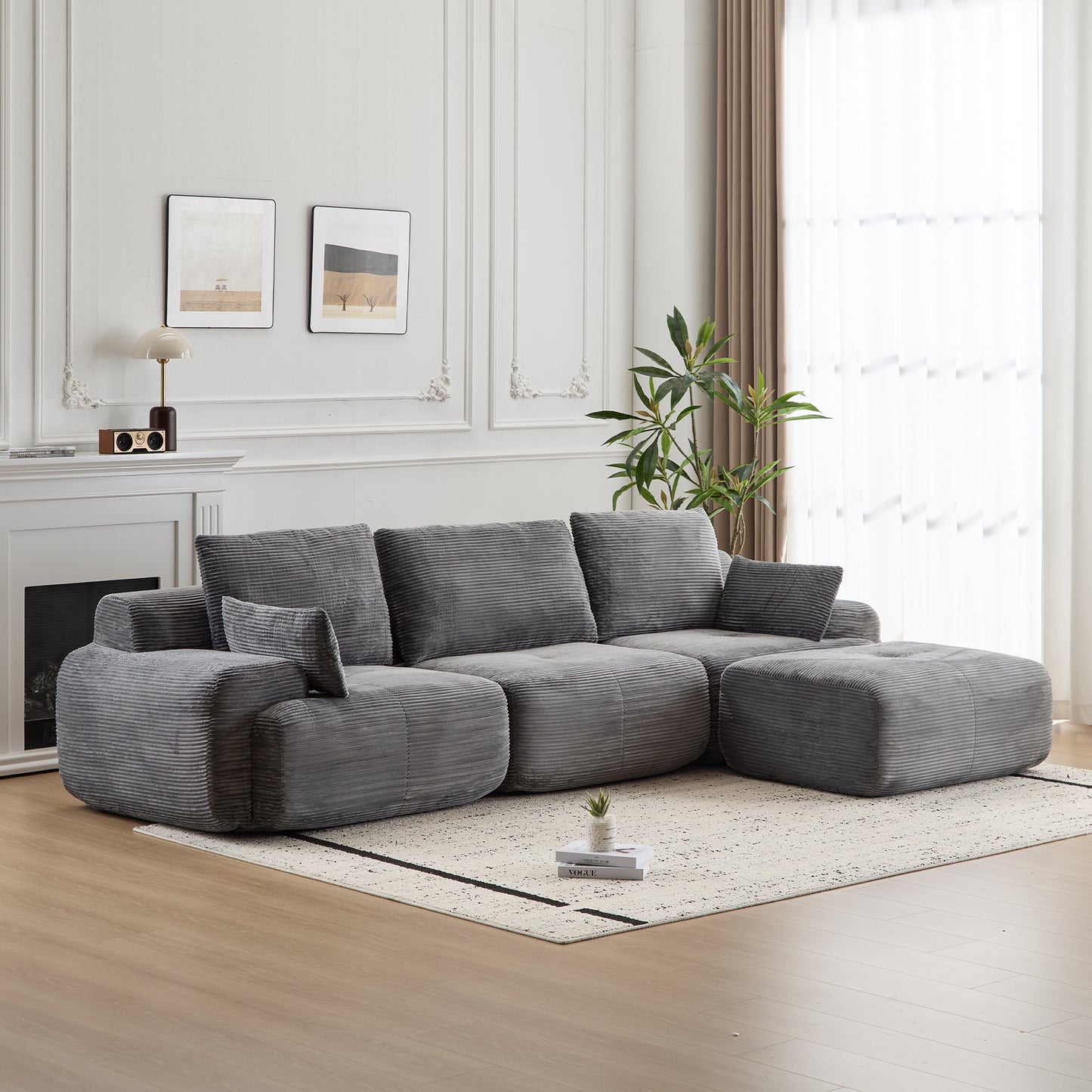 Modern Memory Foam Compressed Sofa,Large Sectional Couches For Living Room,Pet-Friendly Cloud Modular Sectional Sofa,Corduroy Fabric,Extra Deep Loveseat,No Assembly Required,GREY