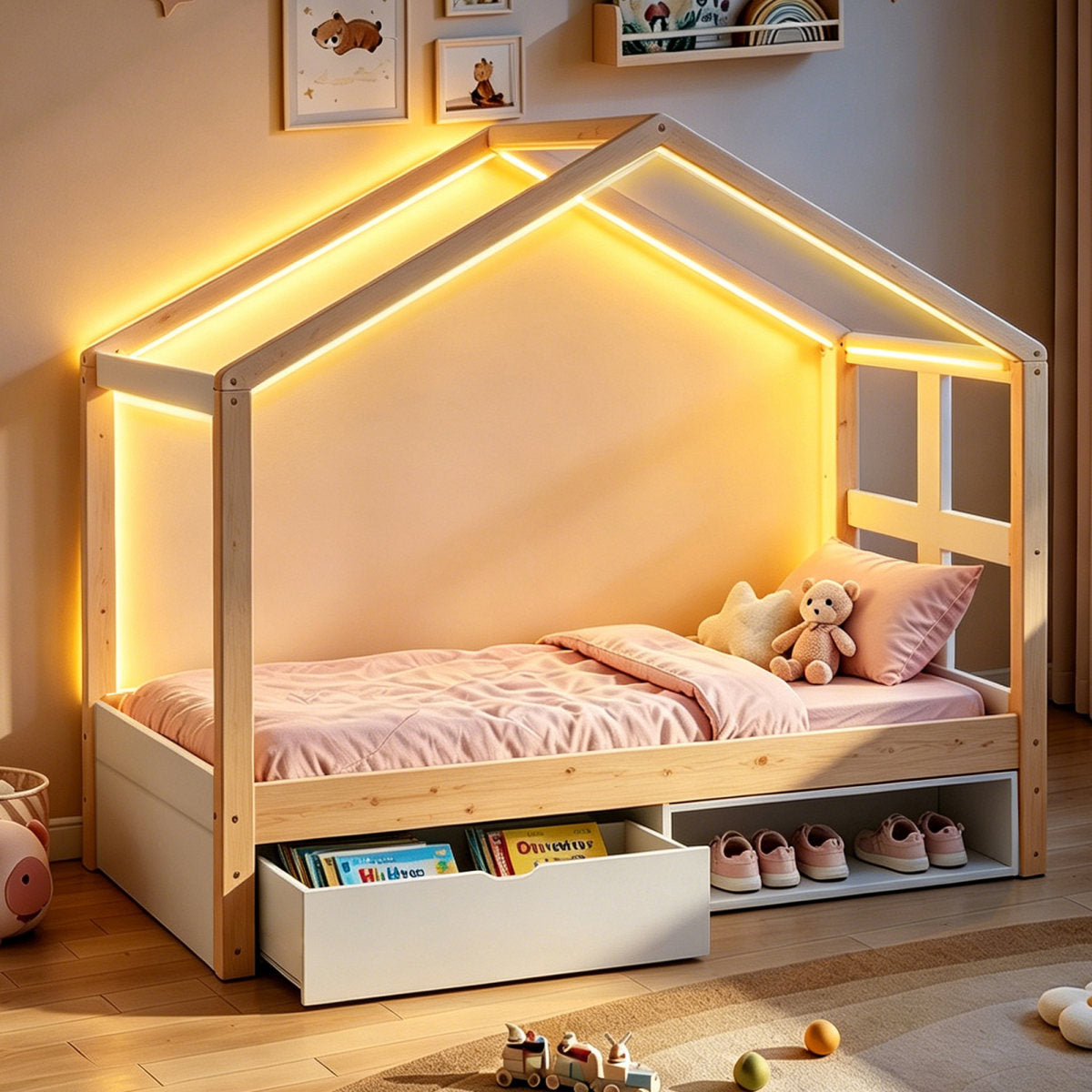 Wooden Bed 90x190 Cm, With Drawers And Small Shoe Cabinet, With Multi-coloured LED Lighting, Slatted Frame, Single Bed, Youth Bed, Wood Colour