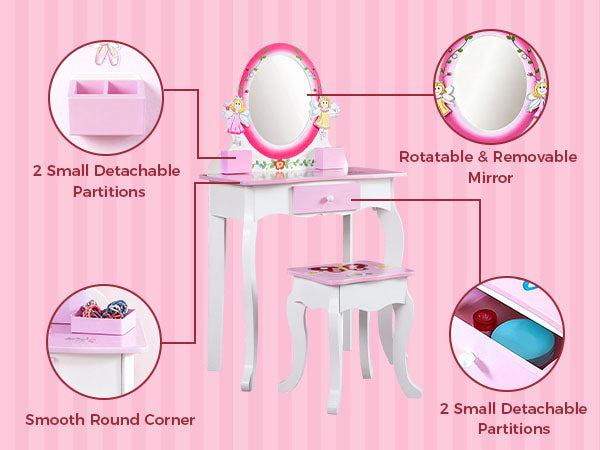 Kids Vanity Set Floral Printed Wooden Makeup Dressing Princess Table With Mirror And Stool For Role Playing Pink
