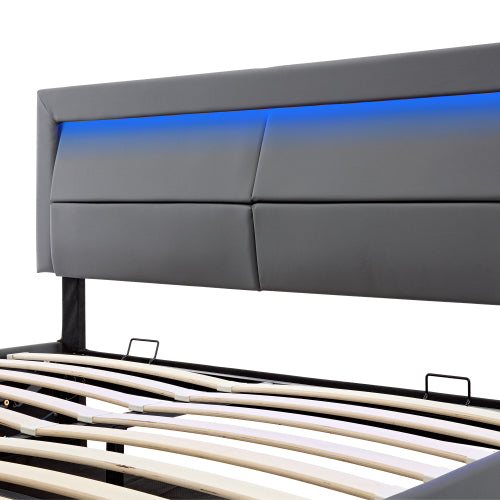 Upholstered Bed 135 X 190 Cm,Double Bed-4ft6,with USB Port Supports Wireless And Wired Charging, With LED Lighting And Storage Space, Without Mattress, PU-Lychee Design, Gray