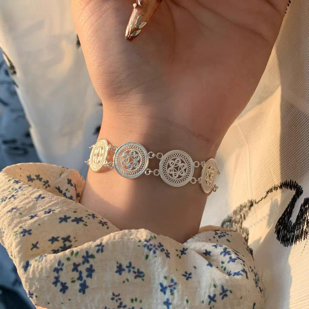 1pc 999 Sterling Silver Ethnic Style Filigree Disc Bracelet, Retro Style, Perfect For Daily Wear And Valentine's Gift