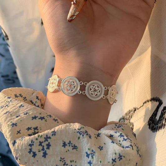 1pc 999 Sterling Silver Ethnic Style Filigree Disc Bracelet, Retro Style, Perfect For Daily Wear And Valentine's Gift