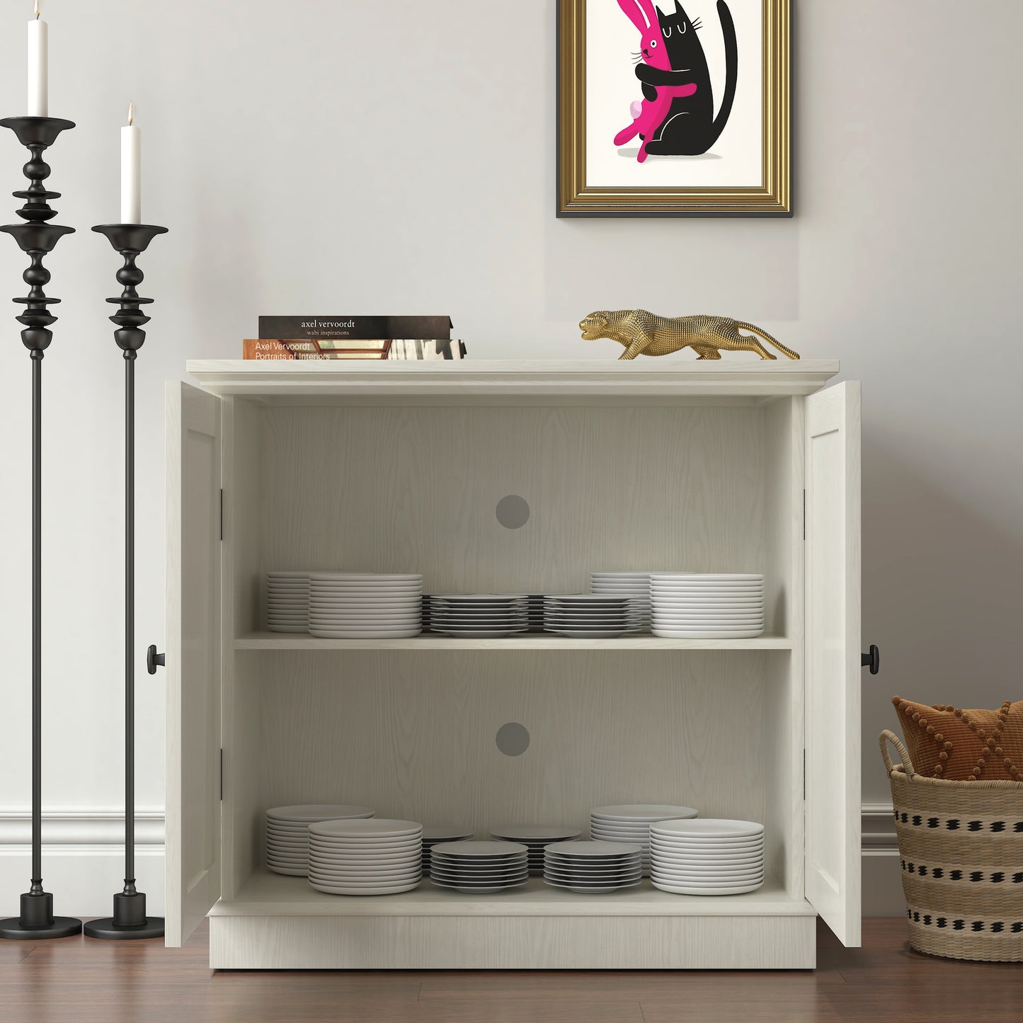 Storage Sideboard Cabinet With 2 Decorative Acrylic Mirrored Doors, Adjustable Shelf For Dining Room, Living Room, Kitchen, Metal Handles, MDF White 3D Wood Grain Finish