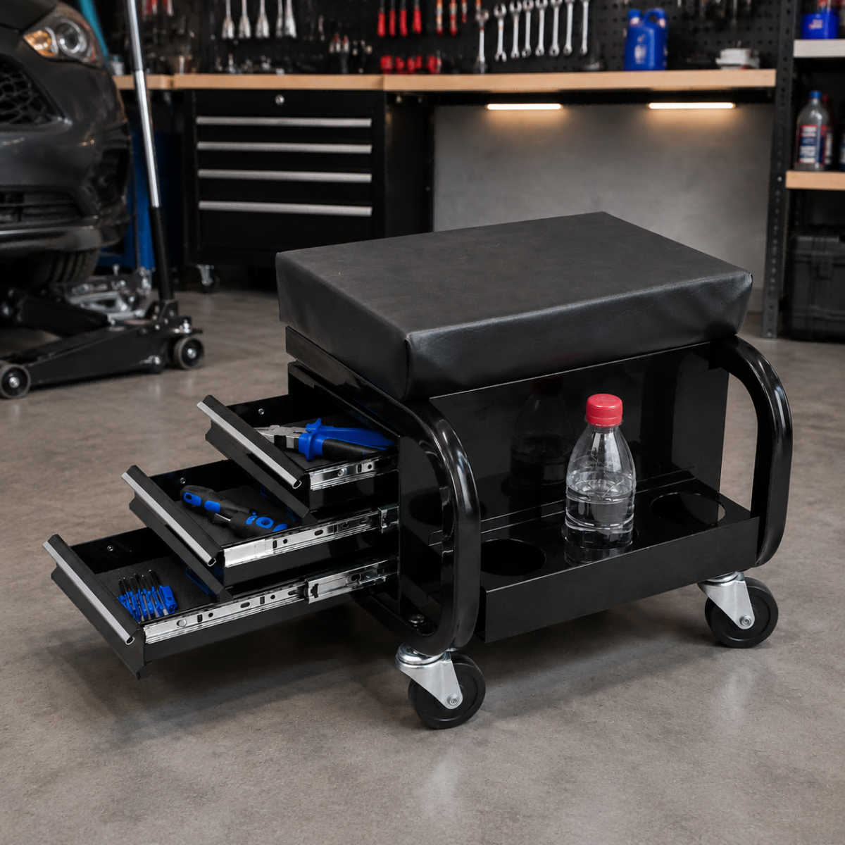 Rolling Garage Stool With 3 Drawers, Heavy Duty Mechanic Seat With Padded Vinyl Cushion, Tool Storage Cart, 350 Lbs Capacity